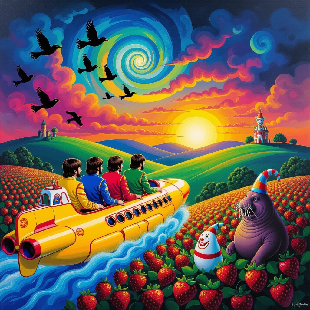 The Beatles Board Yellow Submarine in Surreal Dreamscape