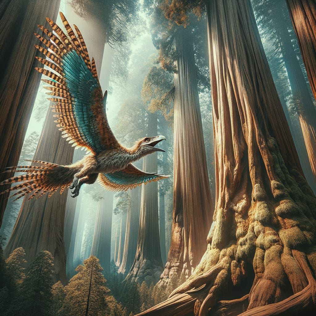 Archaeopteryx soaring through  Sequoia Forest
