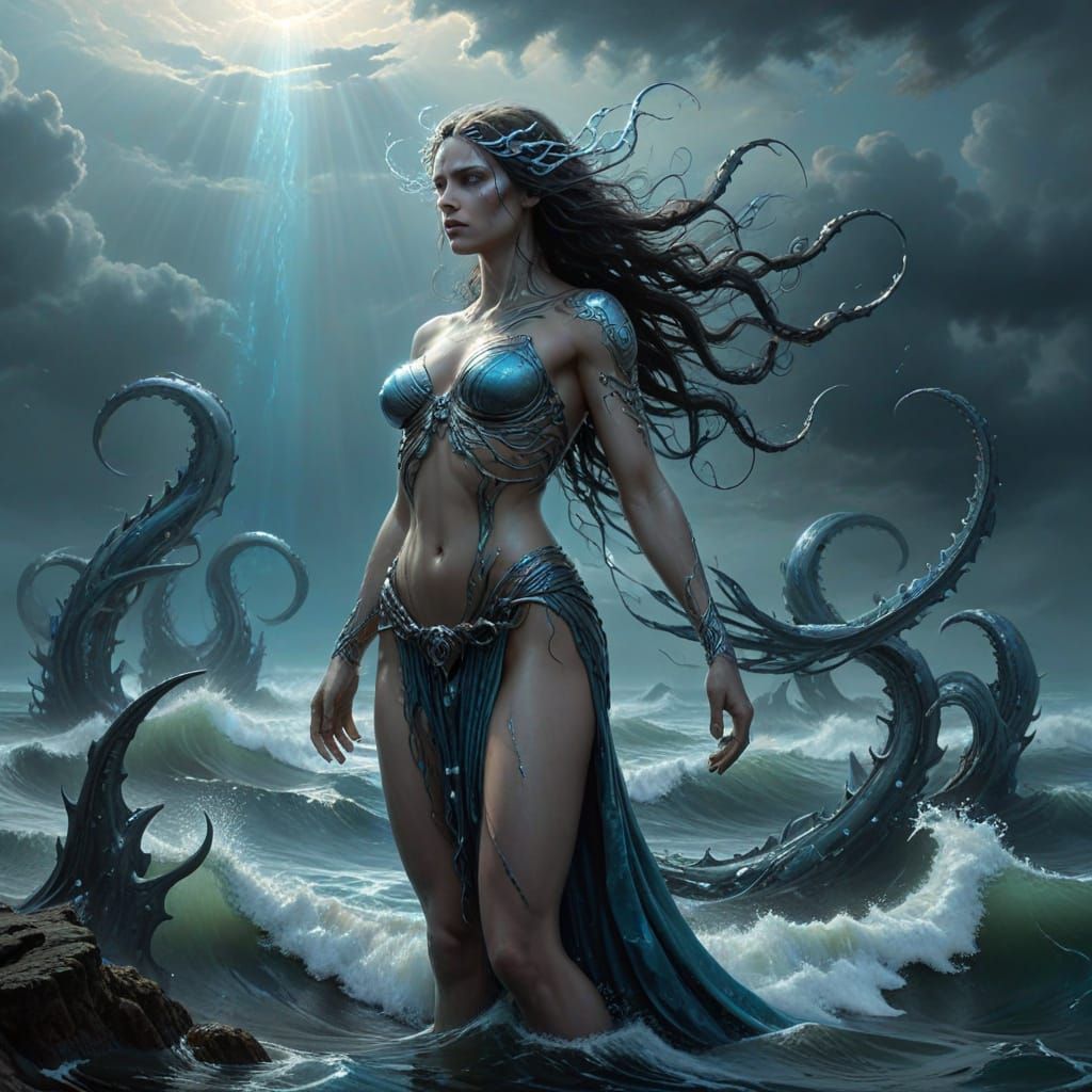 Greek Goddess Eurybia Unleashes Oceanic Fury