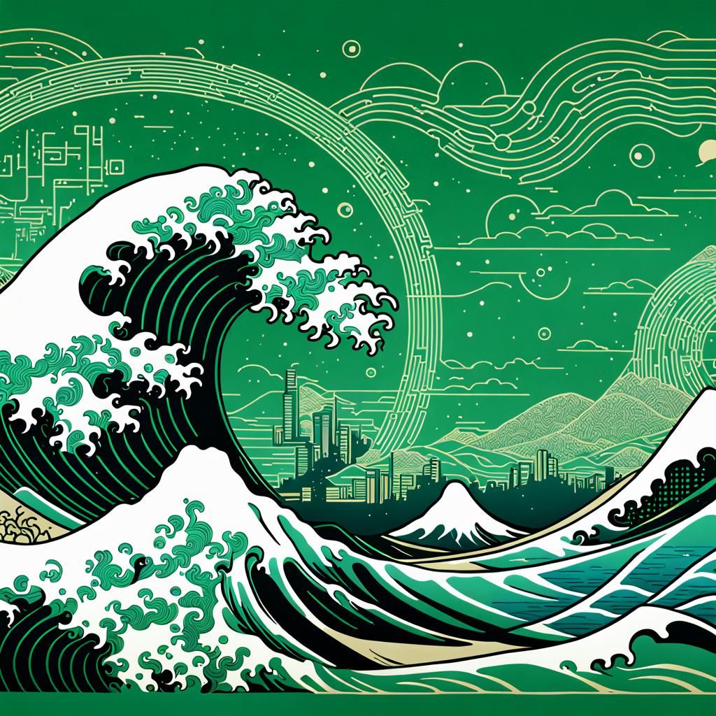 Great Wave as Circuit Board: Vector Illustration