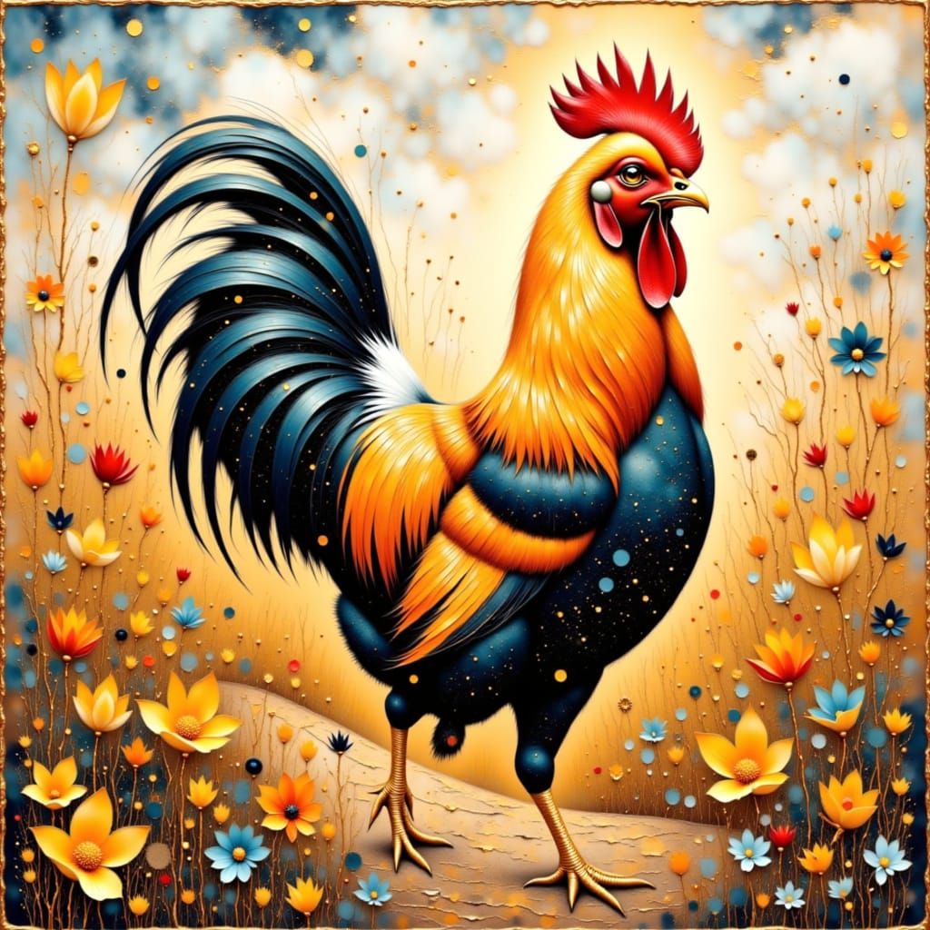 Embroidered Chicken in Floral Barnyard, Whimsical Illustrati...