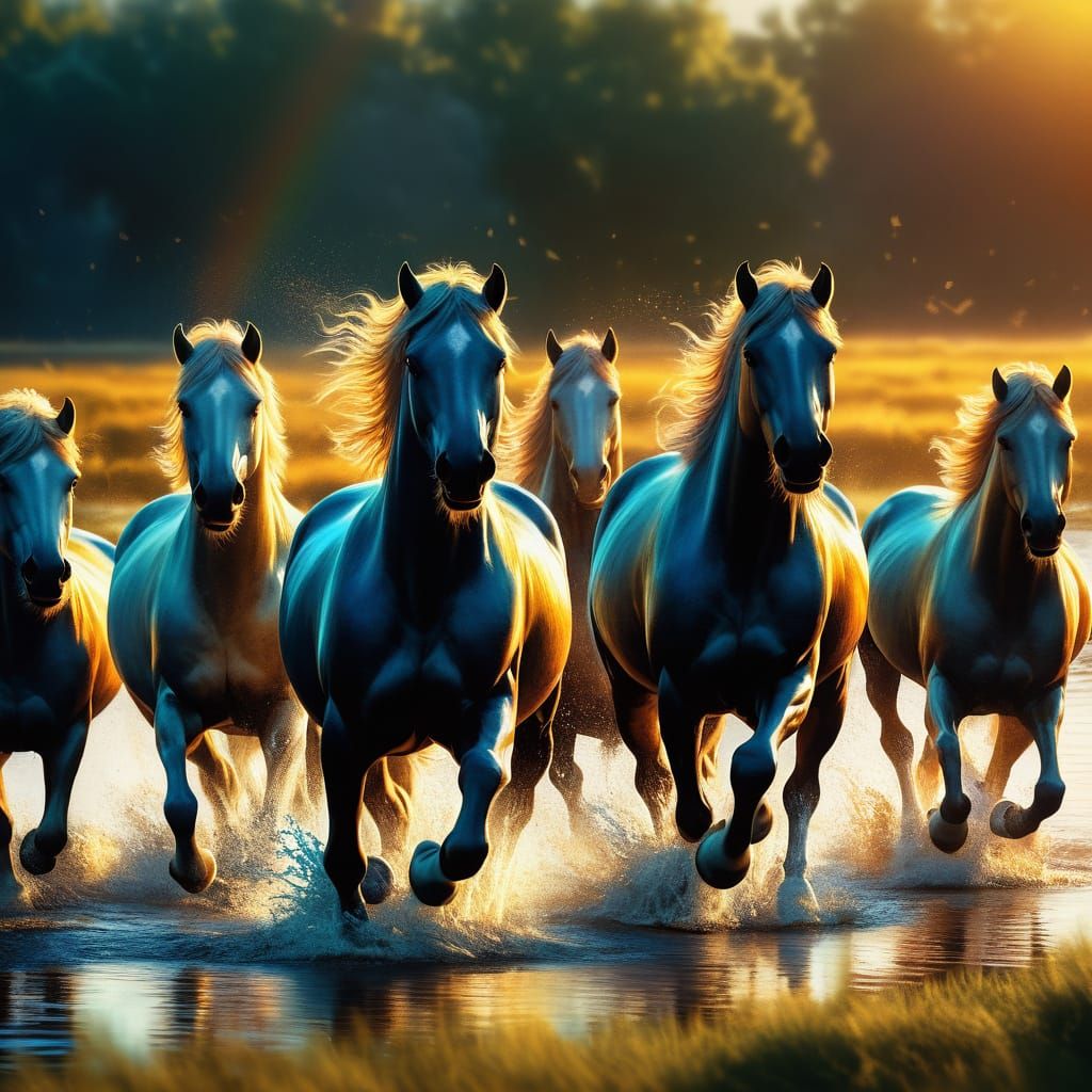 Water Horses Gallop Through Sunset Plains in Oil Painting St...