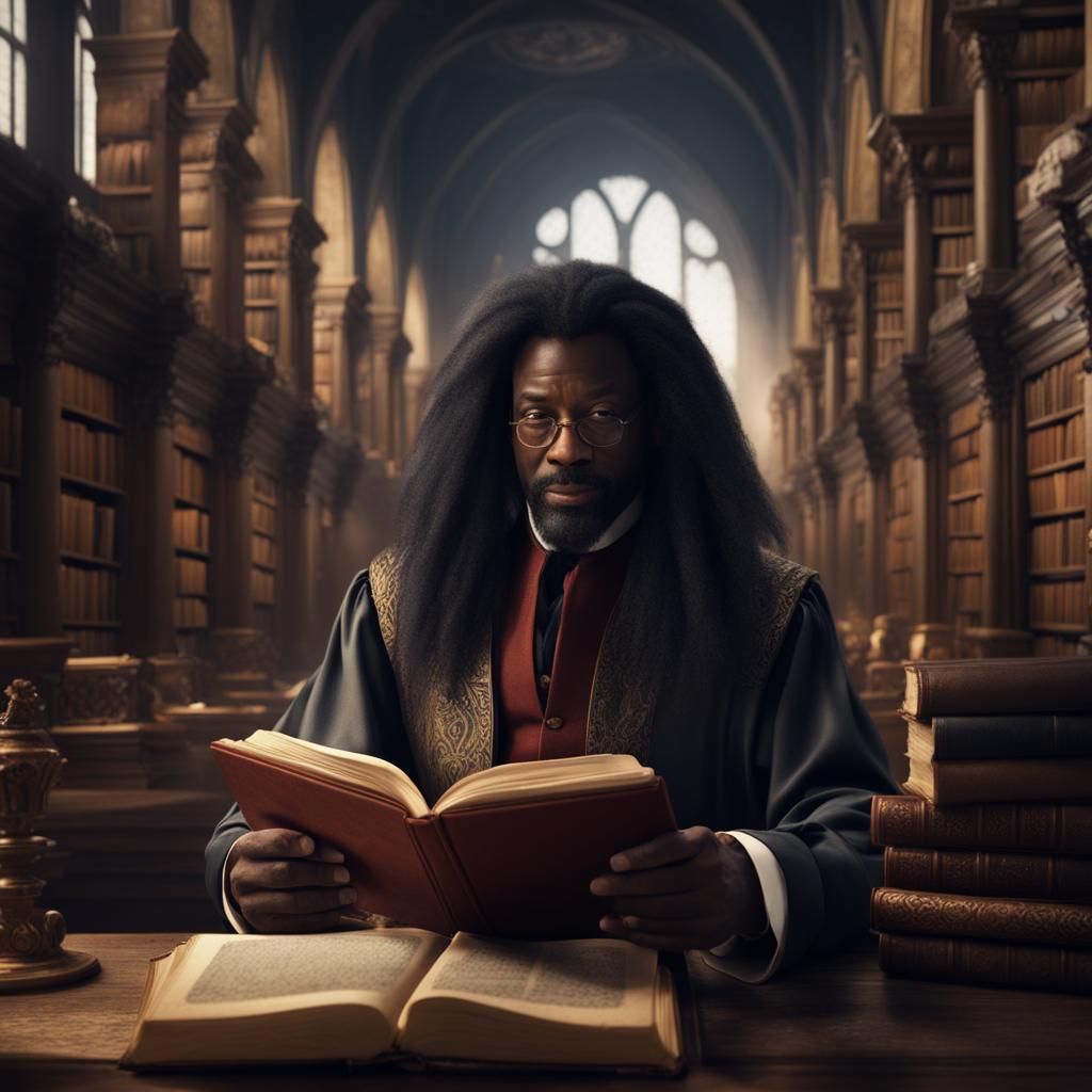 Black Man Reading in Ancient Library: Detailed Matte Paintin...
