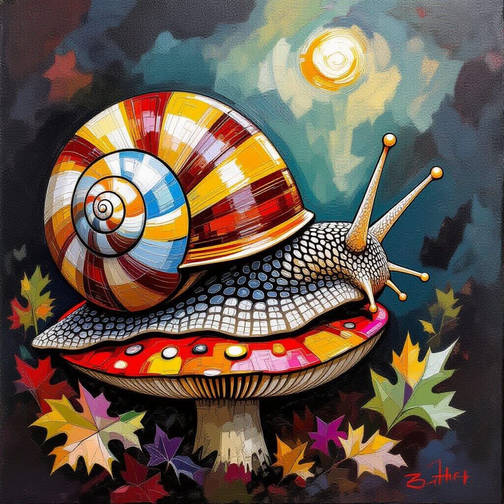 Snail on Mushroom in Picasso & Schiele Style