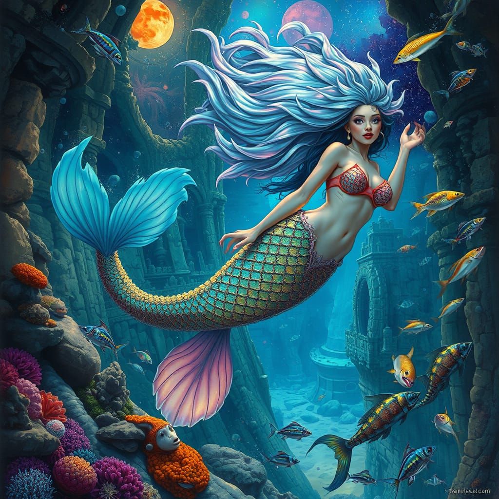 Bioluminescent Mermaid in Sunken City Ruins
