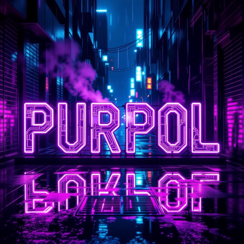 Neon "Purpol" Text Sculpture in Cyberpunk Alley