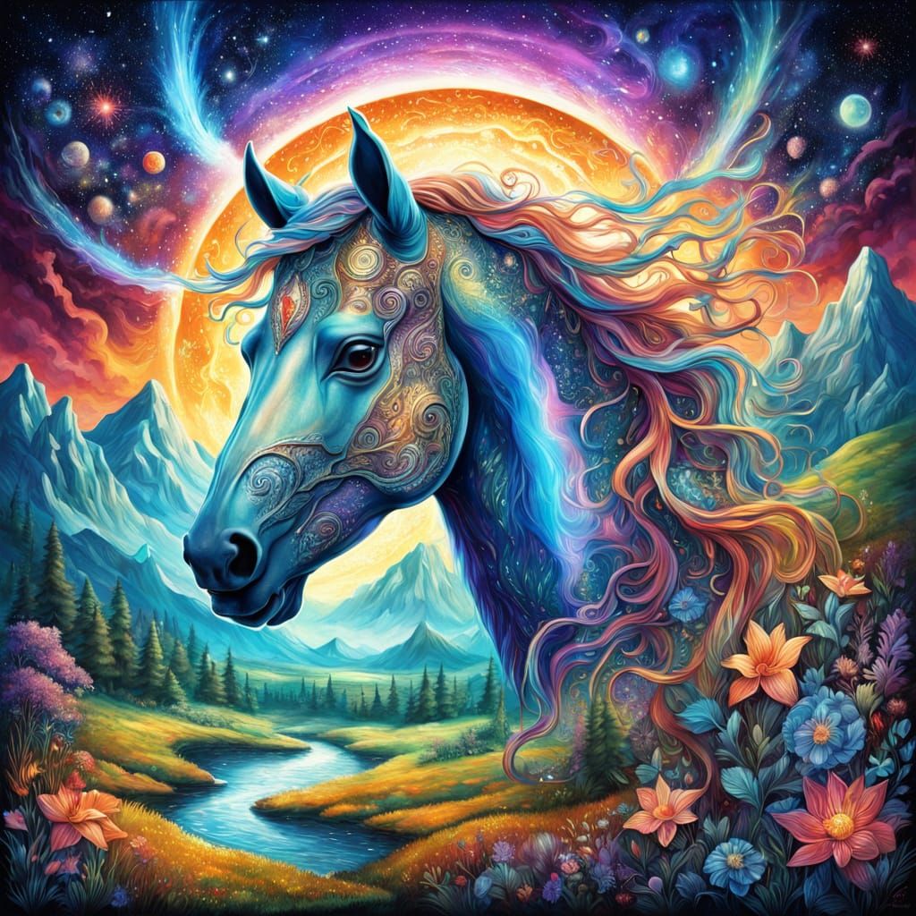 Horse Head Landscape Illustration in Cosmic Style