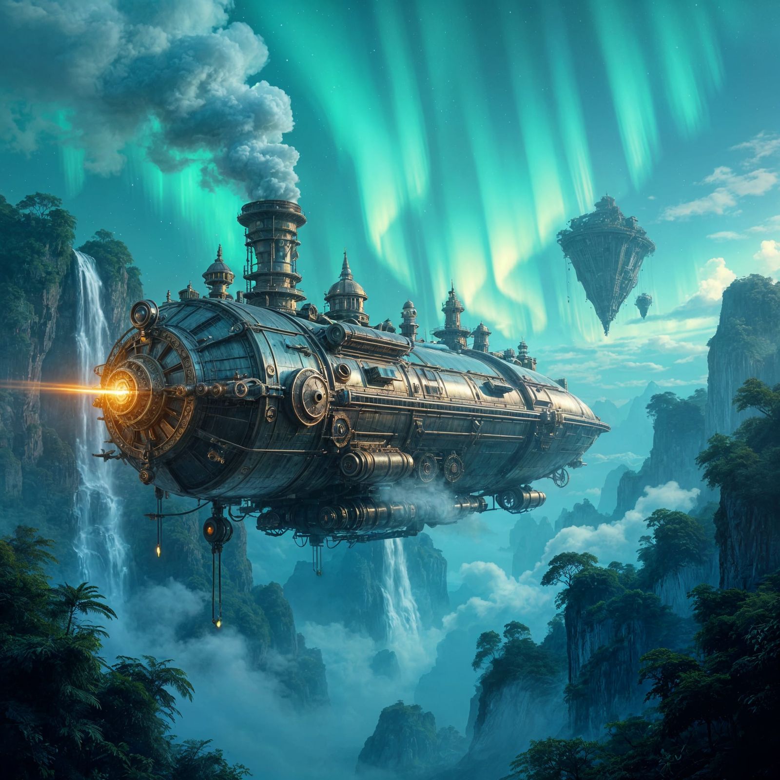 Steam-Powered Spaceship in Aurora Sky Above Jungle