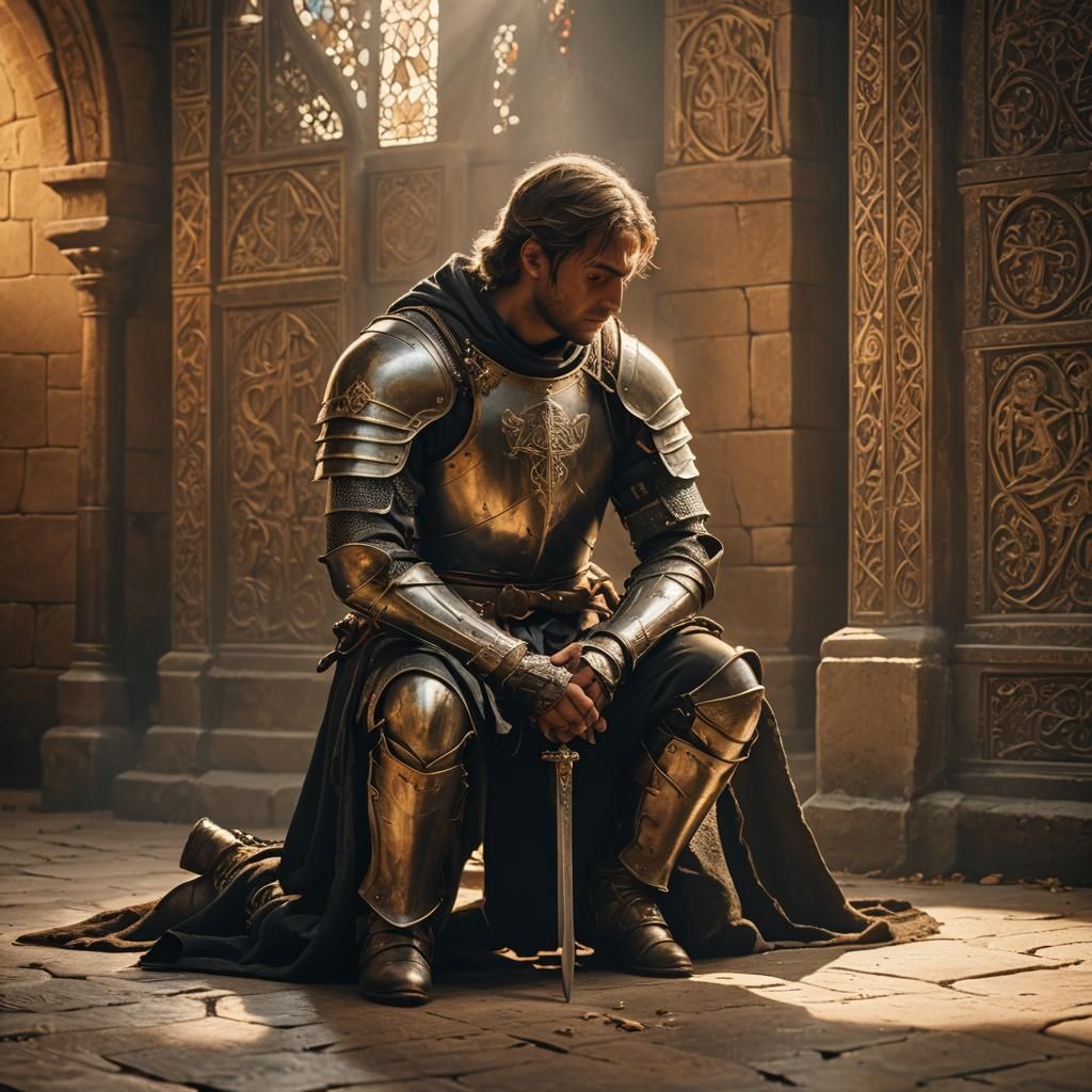 Medieval Knight Praying at Dawn in Gothic Style