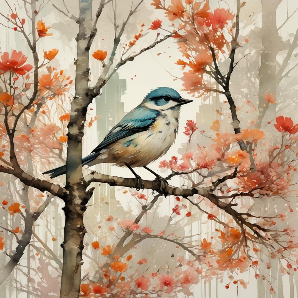 Bird and Flowers in Chinese Watercolour Style