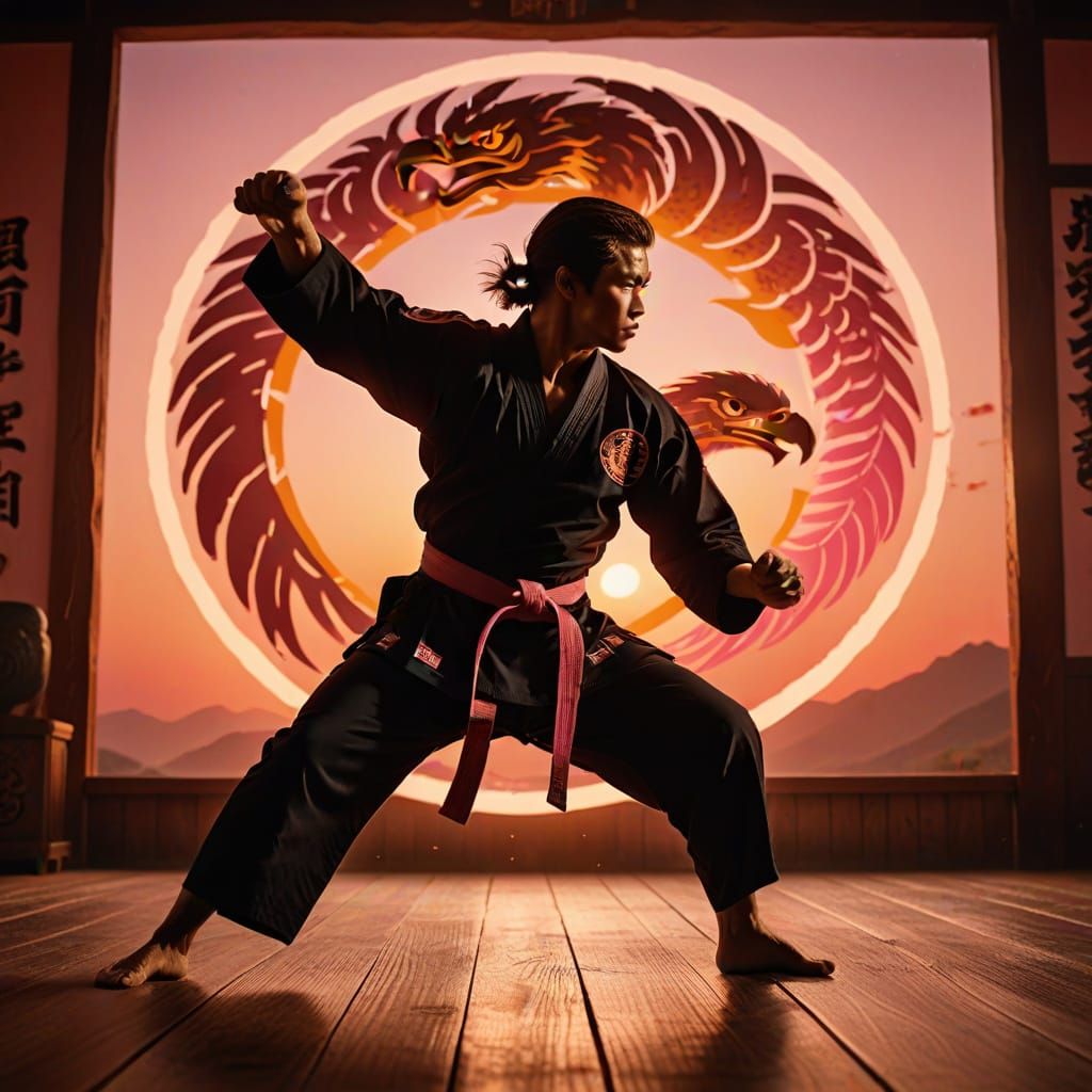 Eagle Karate Fighter Kicks in Setting Sun