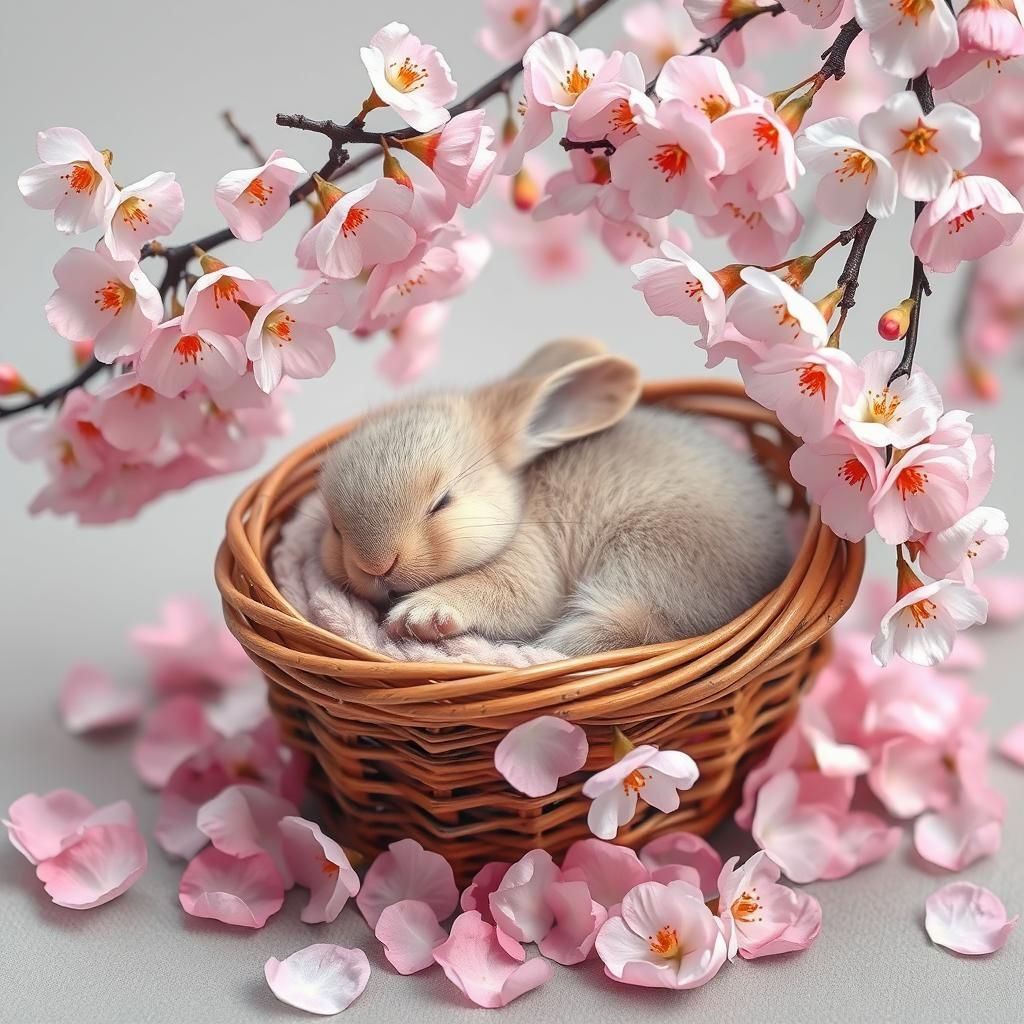 Rabbit in Cradle with Cherry Blossoms