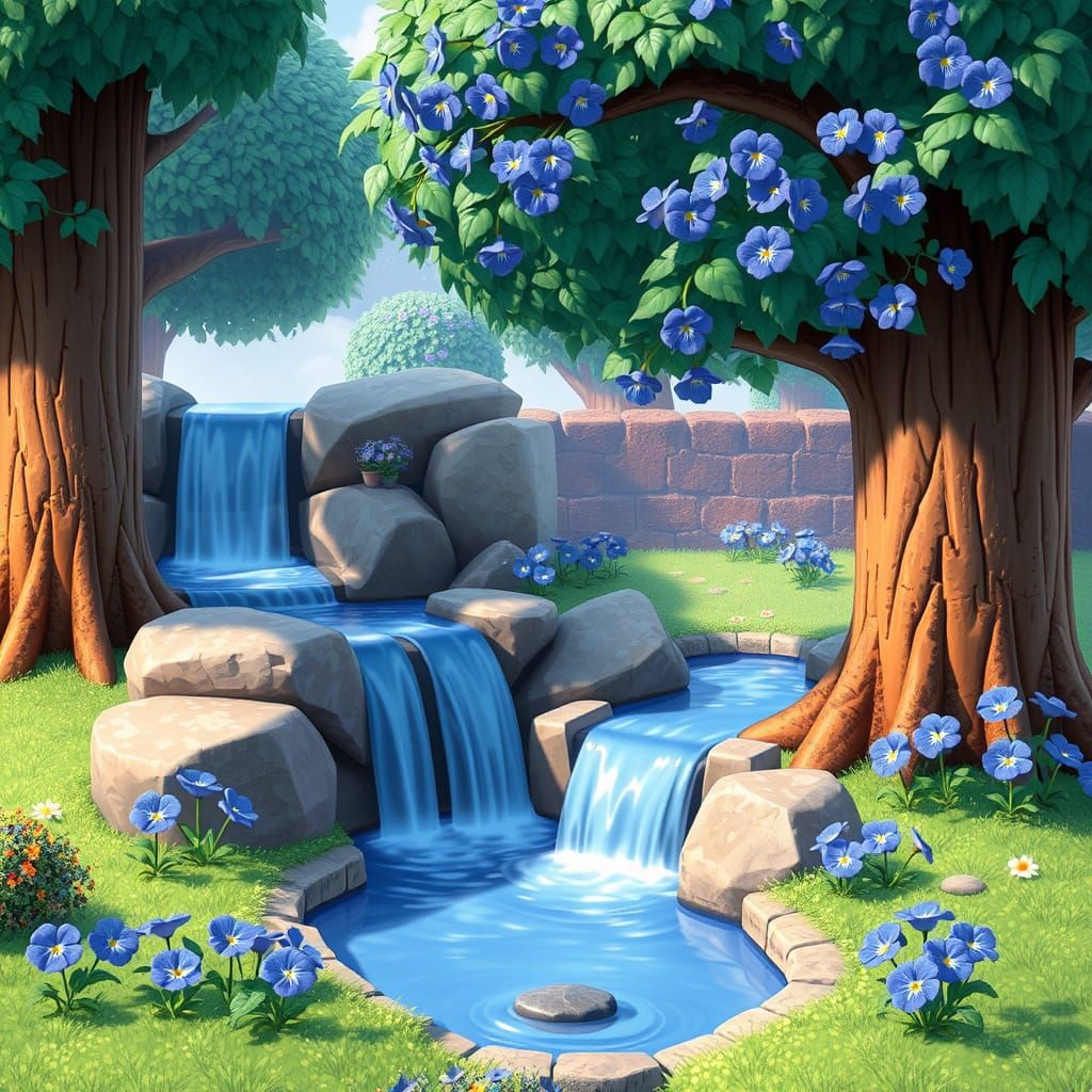 Blue Animal Crossing Waterfall with Pansies
