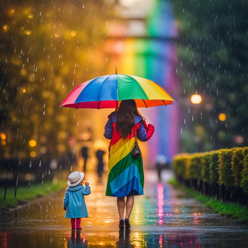 Mother and Daughter Enjoying Gentle Rainy Day