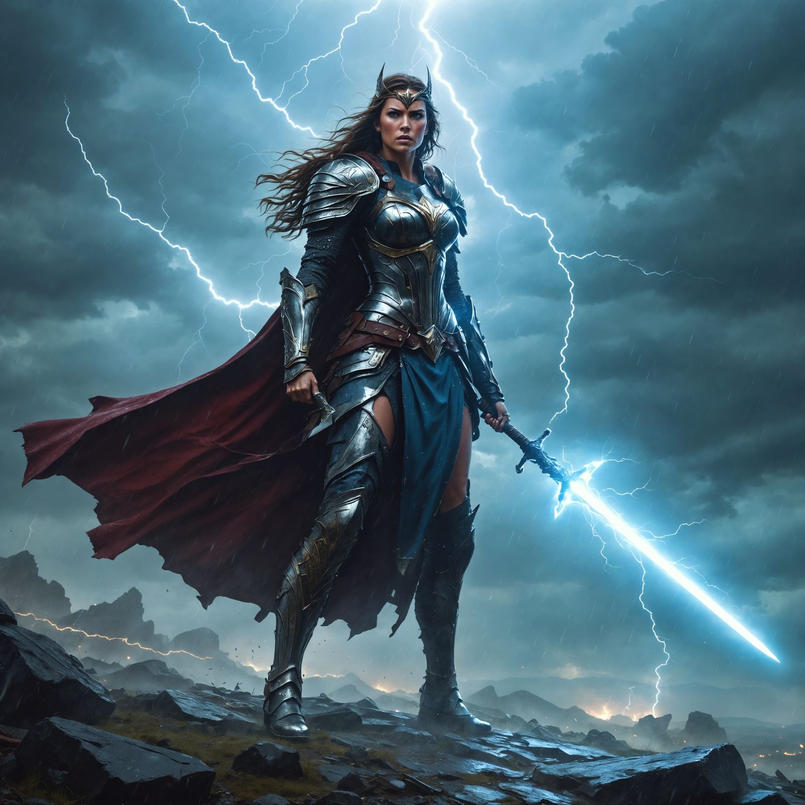 Valkyrie Warrior Amidst Storm on Battlefield