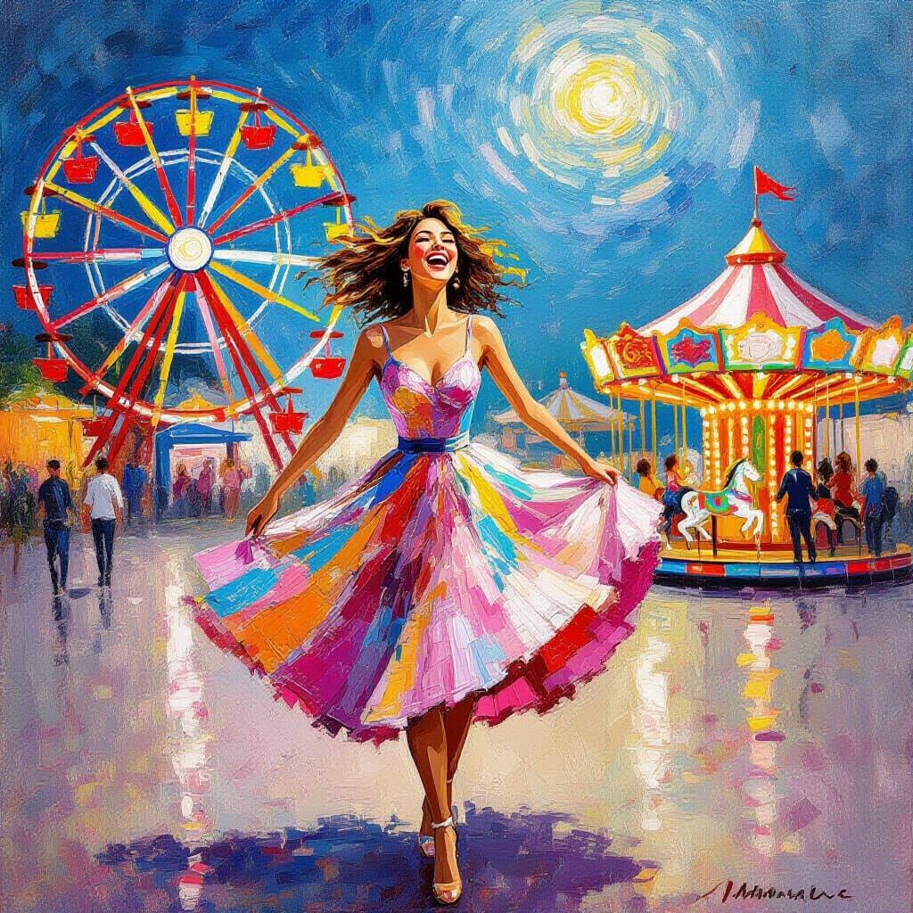Joyful Woman Dancing in a Colorful Impressionist Carnival