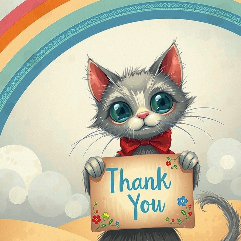 Cute cat holding a sign that says THANK YOU with a rainbow in the background
