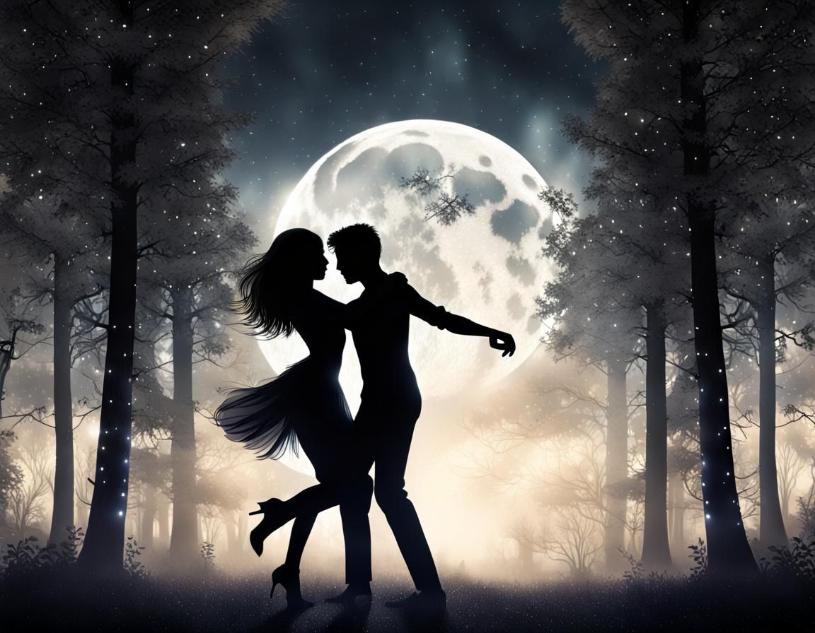 Silhouetted Dancers Under a Silver Moonlight