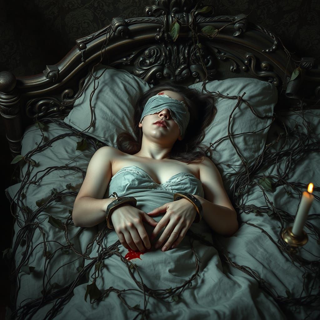 A Woman Bound by Macabre Vines and Shadows
