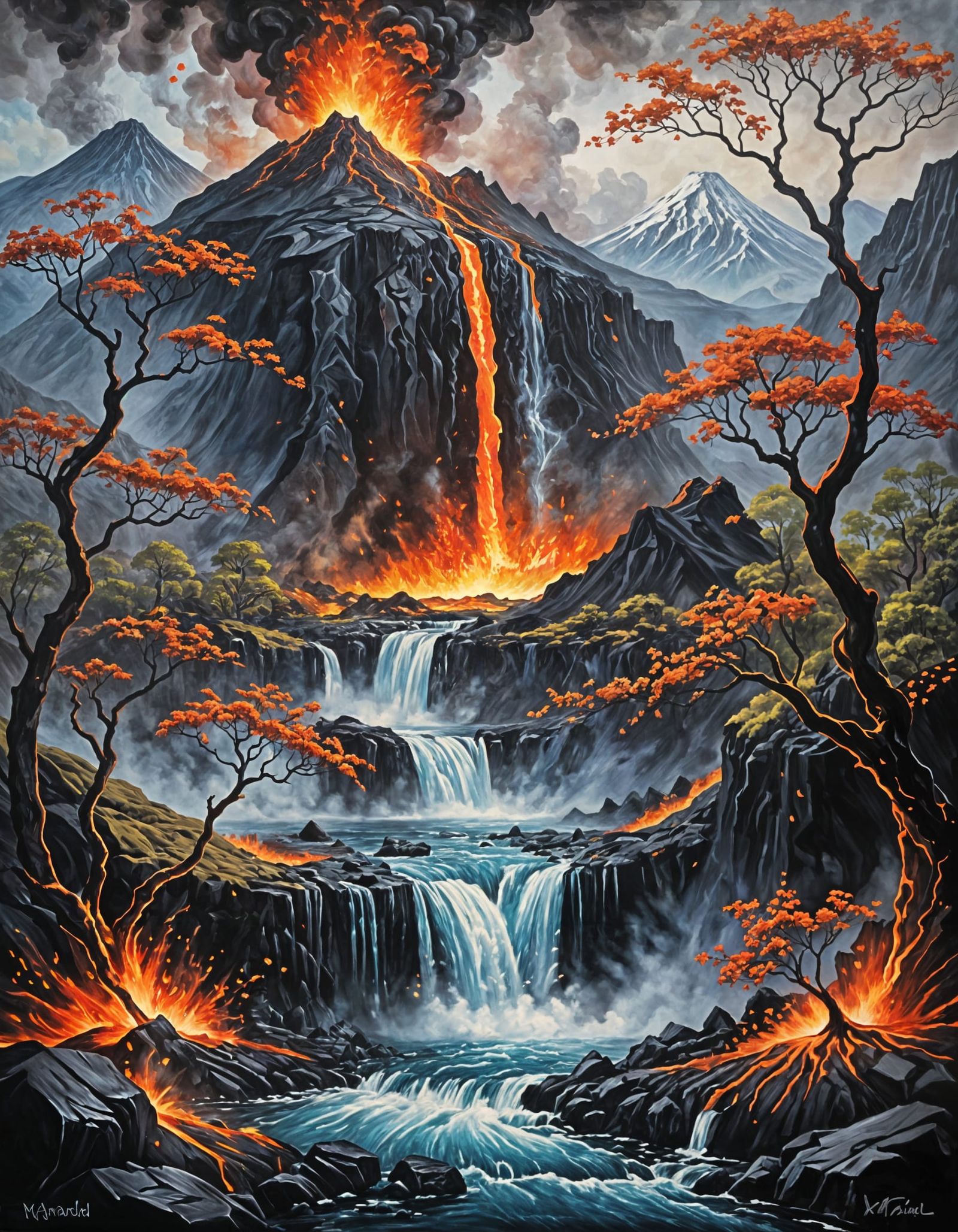 Surreal Landscape with Lava Flow and Misty Mountains in Oil ...
