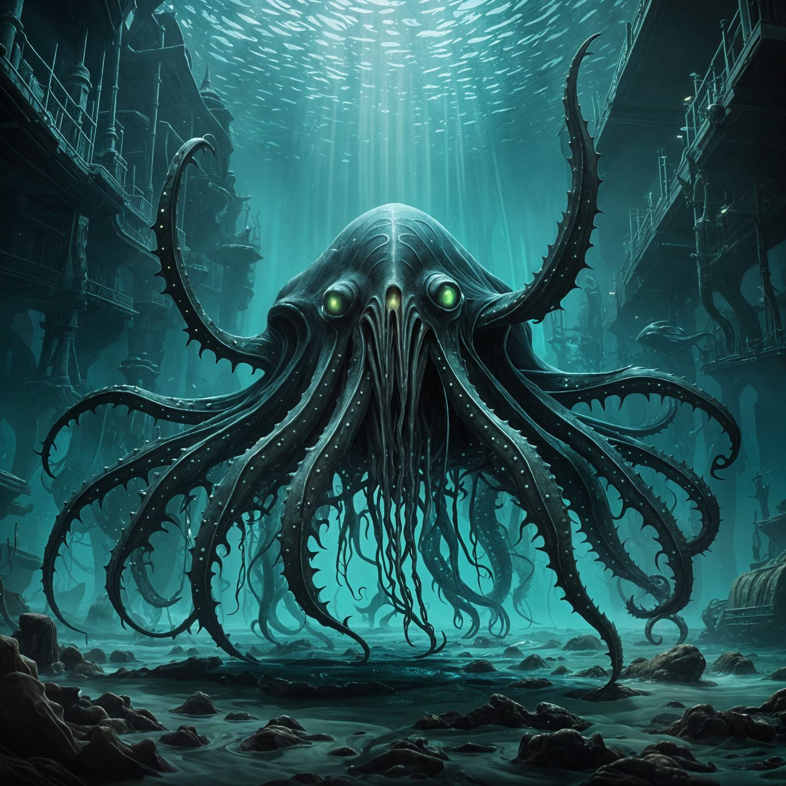 Bioluminescent Vampire Squid in Sunken Ship Graveyard