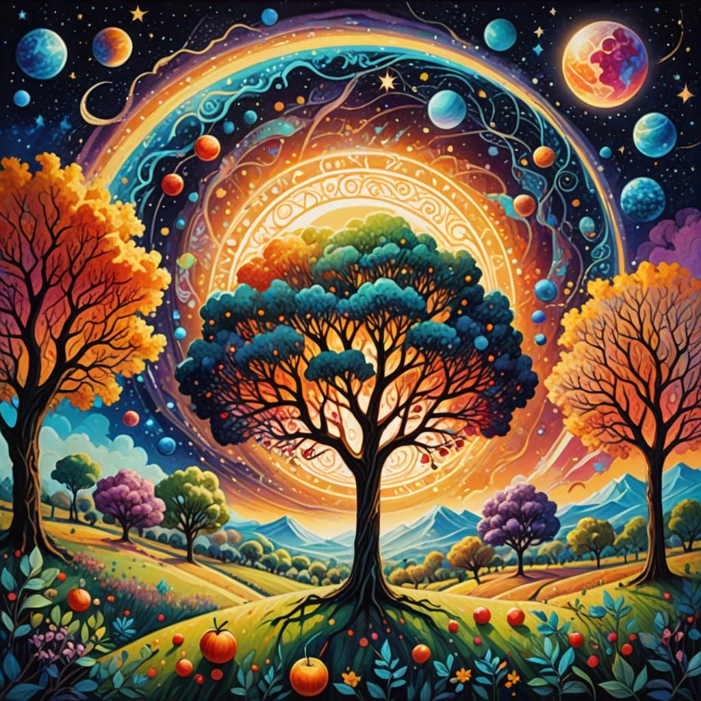 Celestial Fruit Orchard in Vibrant Astral Cosmic Style