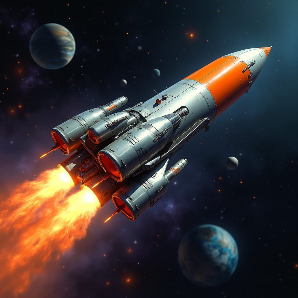 Sleek Metallic Rocket Ship in Futuristic Cosmic Landscape