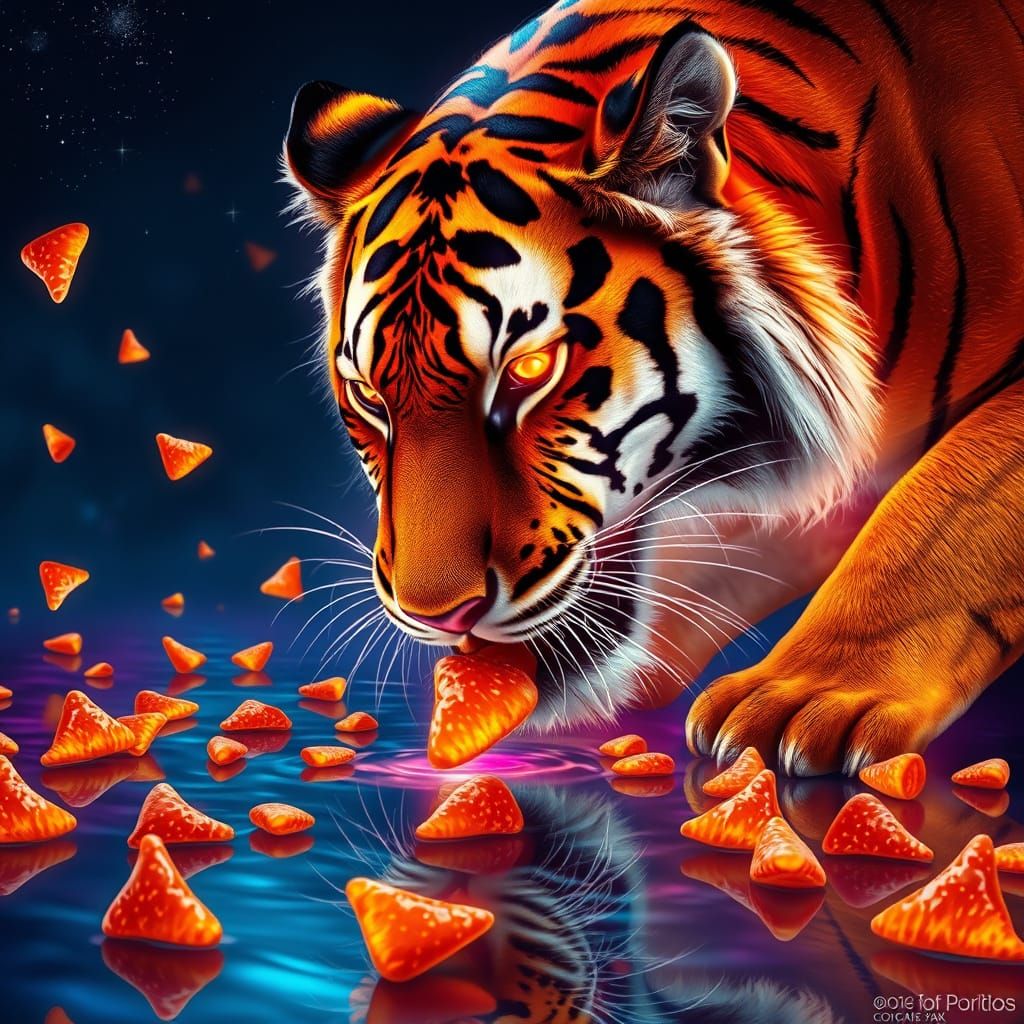 Fantasy Tiger Drinks from Glowing Lake in Starry Night