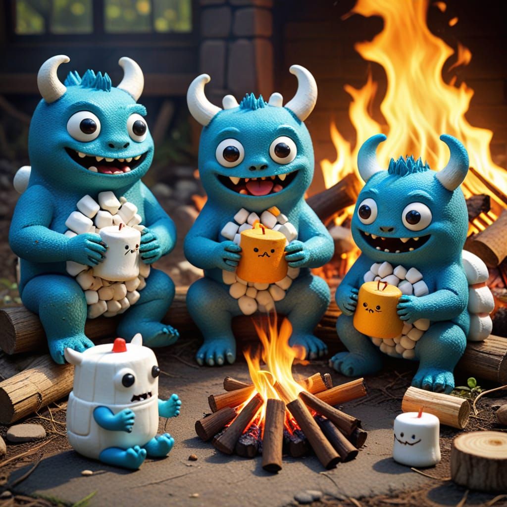 Whimsical Monsters Roast Marshmallows by the Cozy Campfire