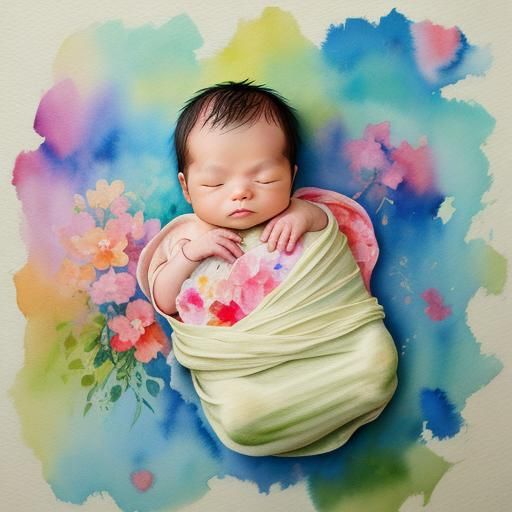 Newborn Baby in Gouache Style Watercolor