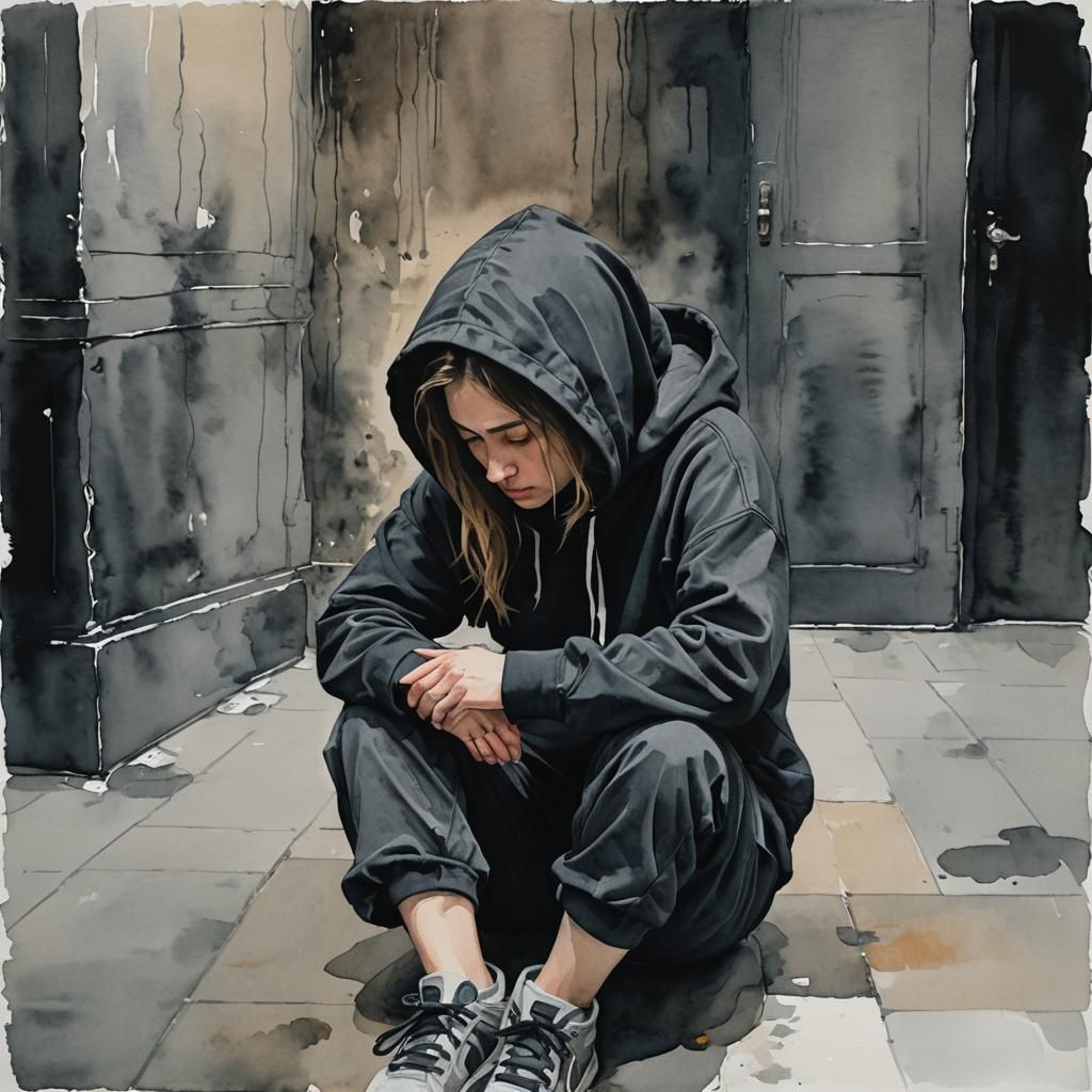 Girl in Black Hoodie: Gouache Watercolor Painting