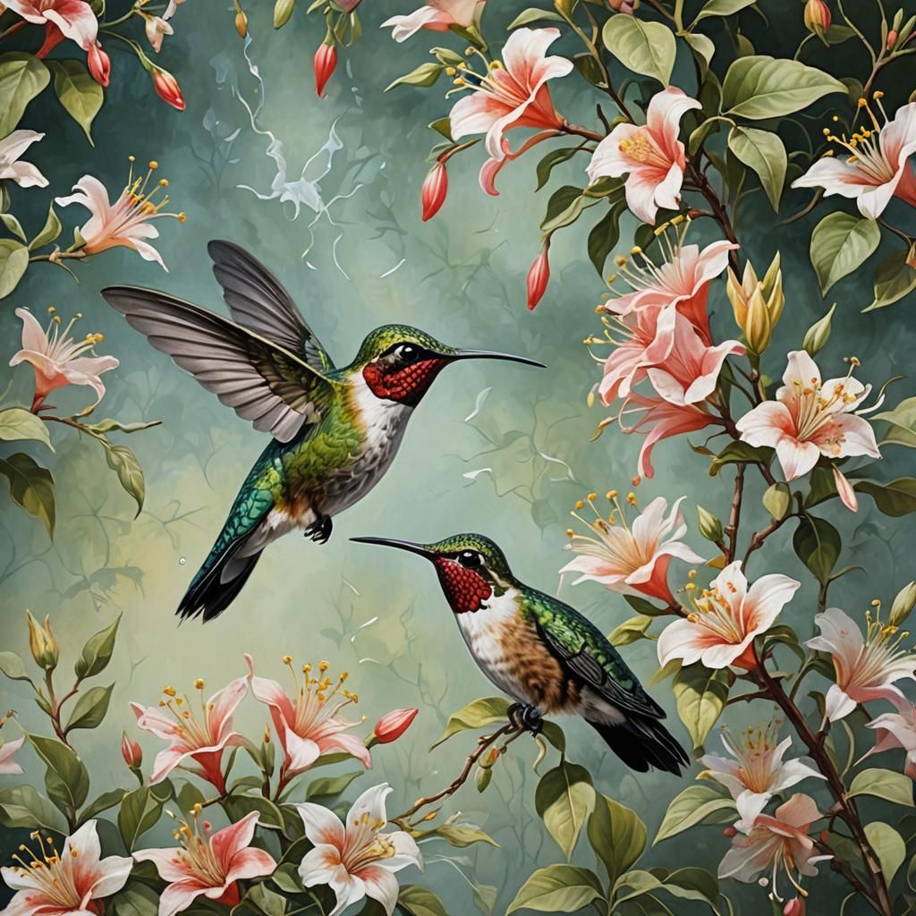 Hummingbird Sipping Honeysuckle: Dreamy Detailed Painting