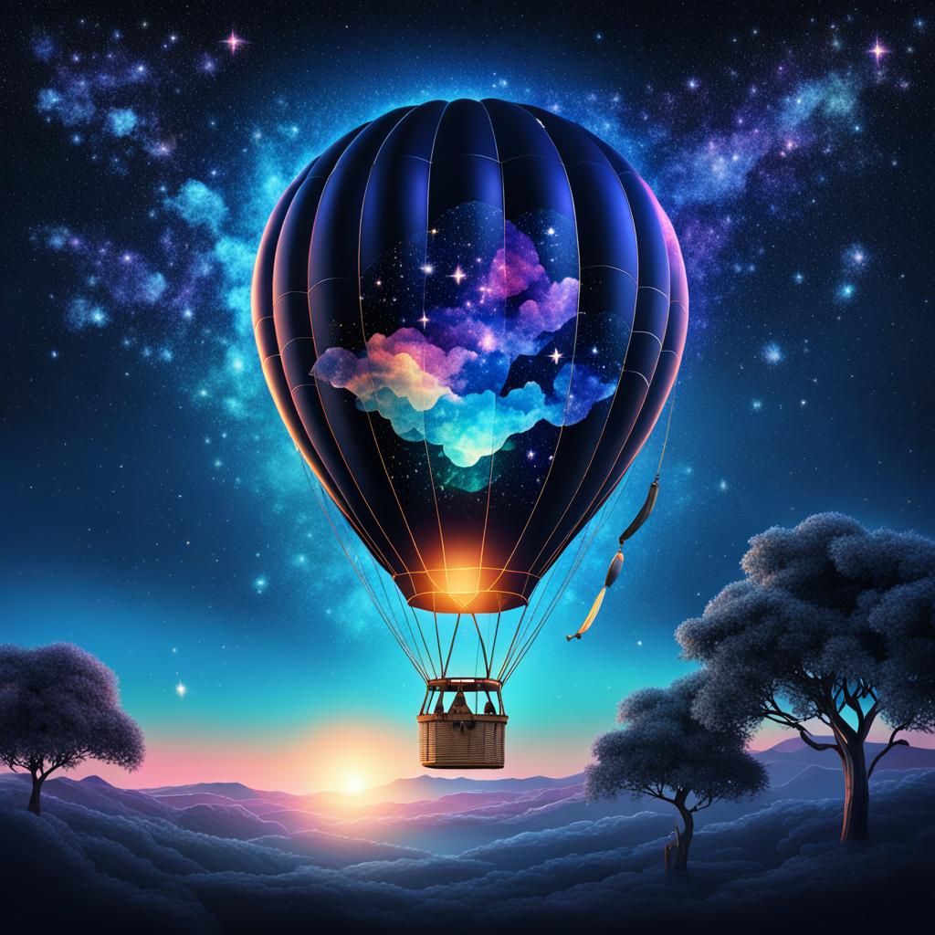 Luminescent Hot Air Balloon in Starry Sky: Cosmic Illustrati...