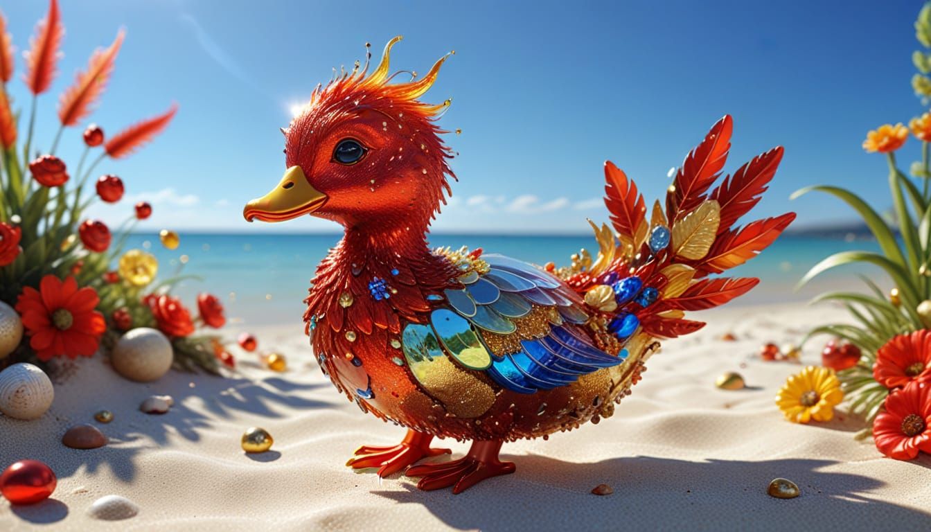 Fire-Red Creature on Sunny Beach in 3D Fantasy Style