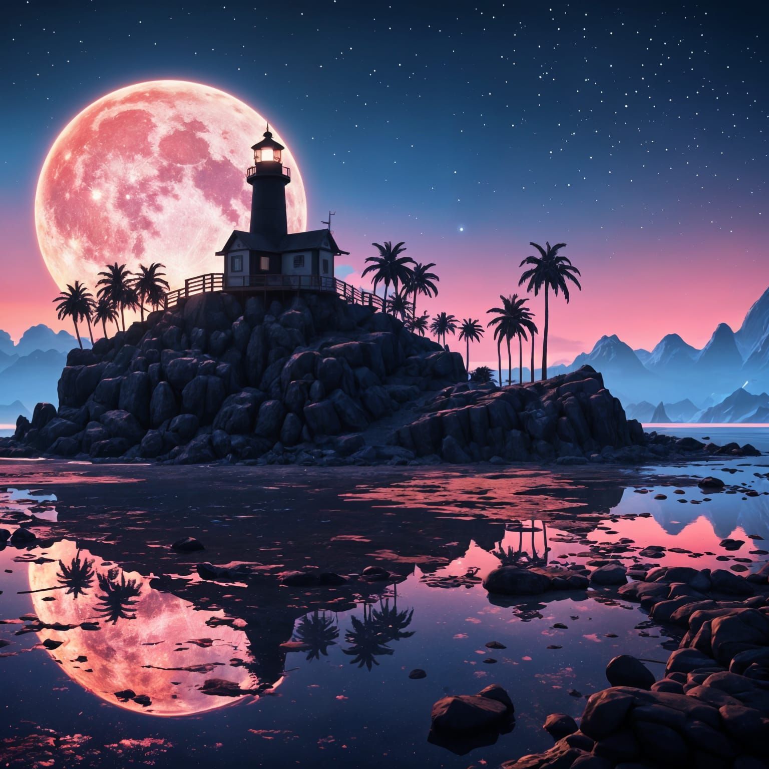 Luminous Black Lighthouse Against a Neon Blue Sunset