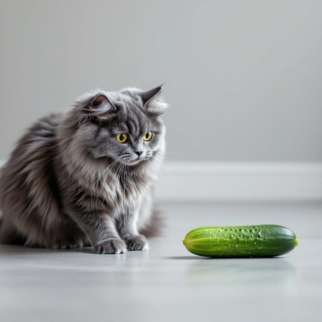 Fluffy Gray Cat Scared of Cucumber in Minimalist Home