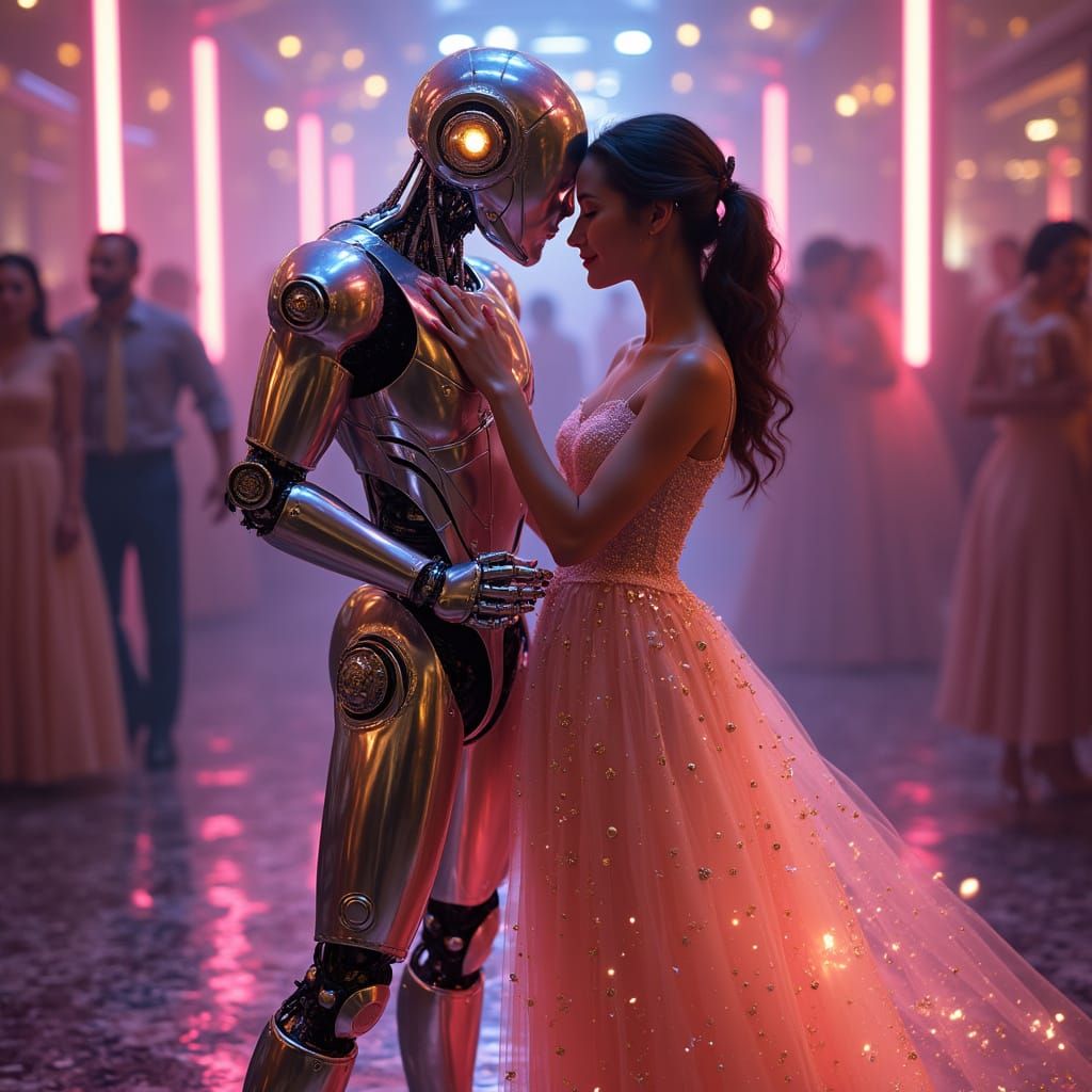 Robot Dances with Human in Retro-Futuristic Art Nouveau