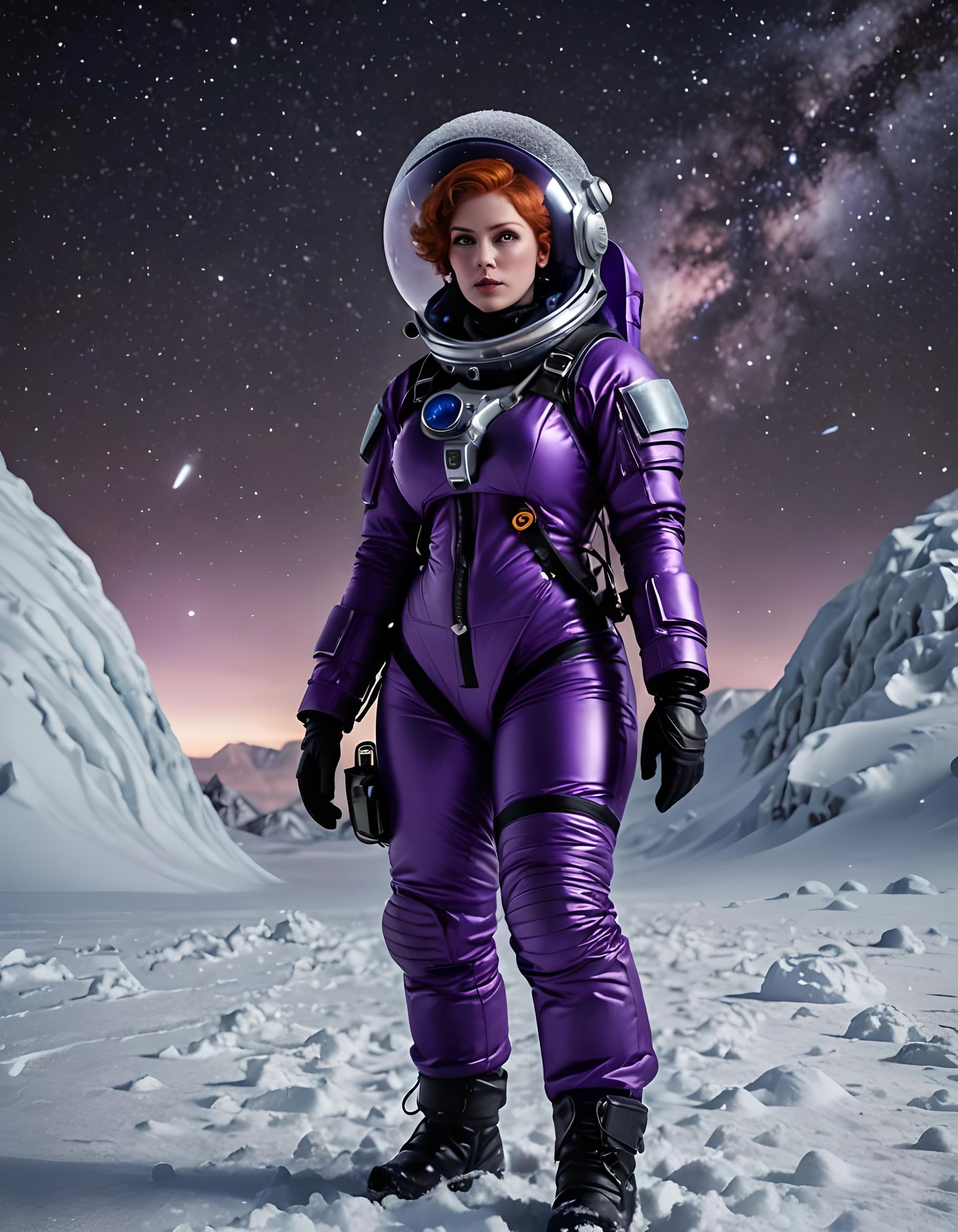 Redhead Astronaut on Icy Planet in Blizzard