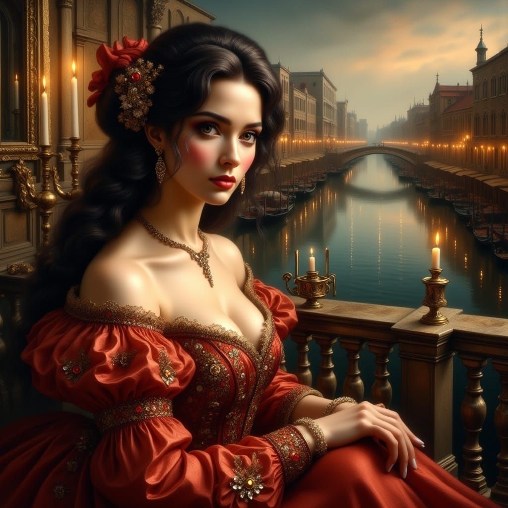 Baroque Venetian Courtesan in Oil Painting Style