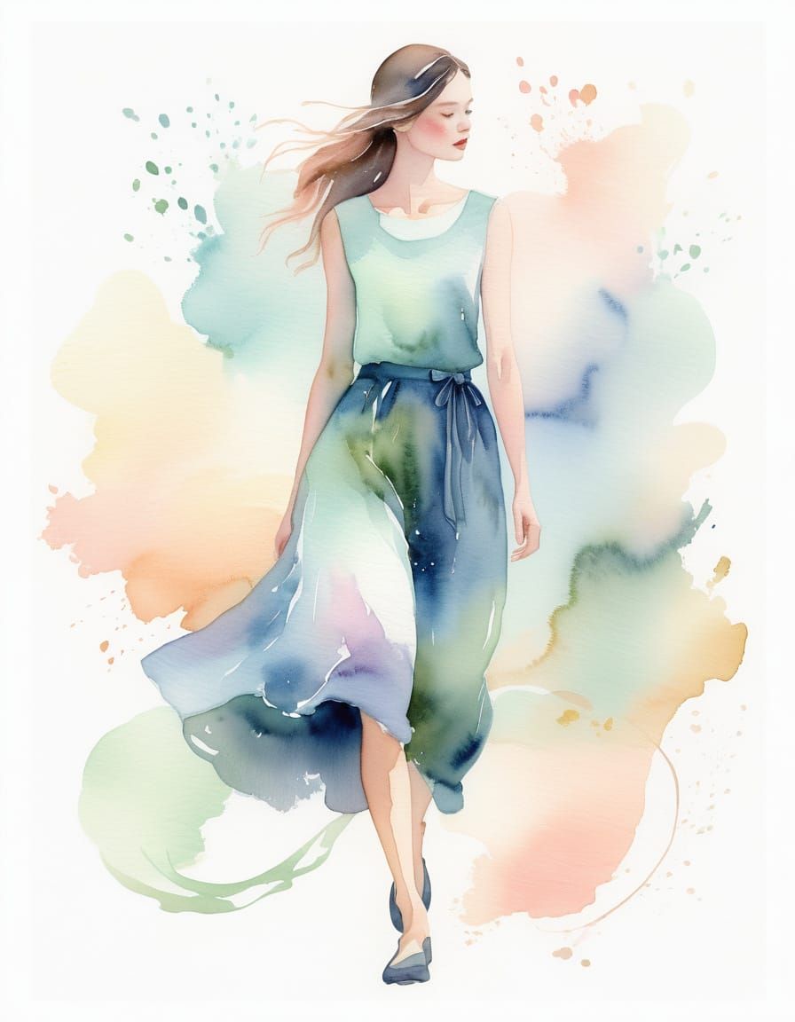 Elegant Woman in Whimsical Watercolor Fashion Illustration