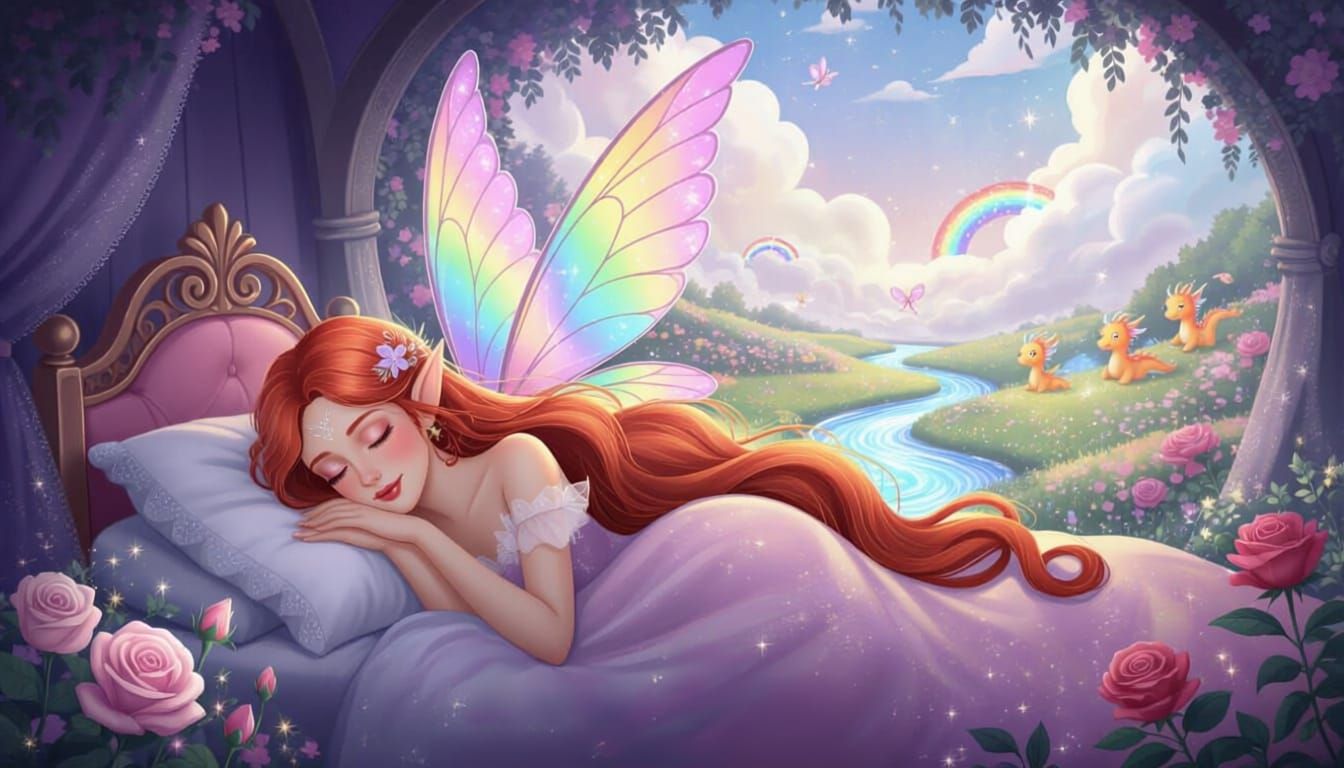 Faerie of Happiness Sleeping in Magical Dreamscape