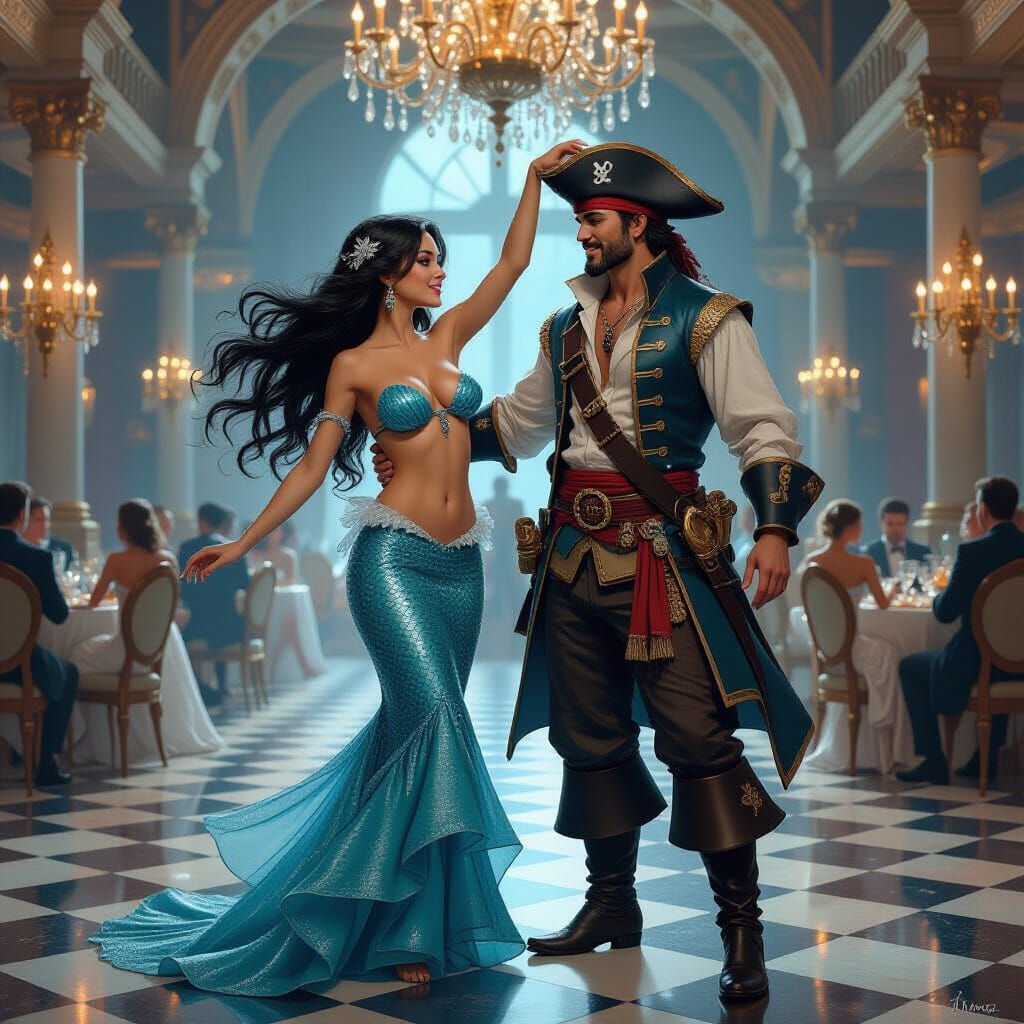 Mermaid and Pirate Ballroom Dance: Matte Painting Style