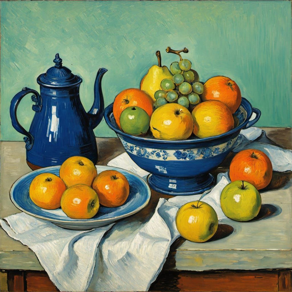 Still Life with Blue Enamel Coffeepot, Earthenware and Fruit