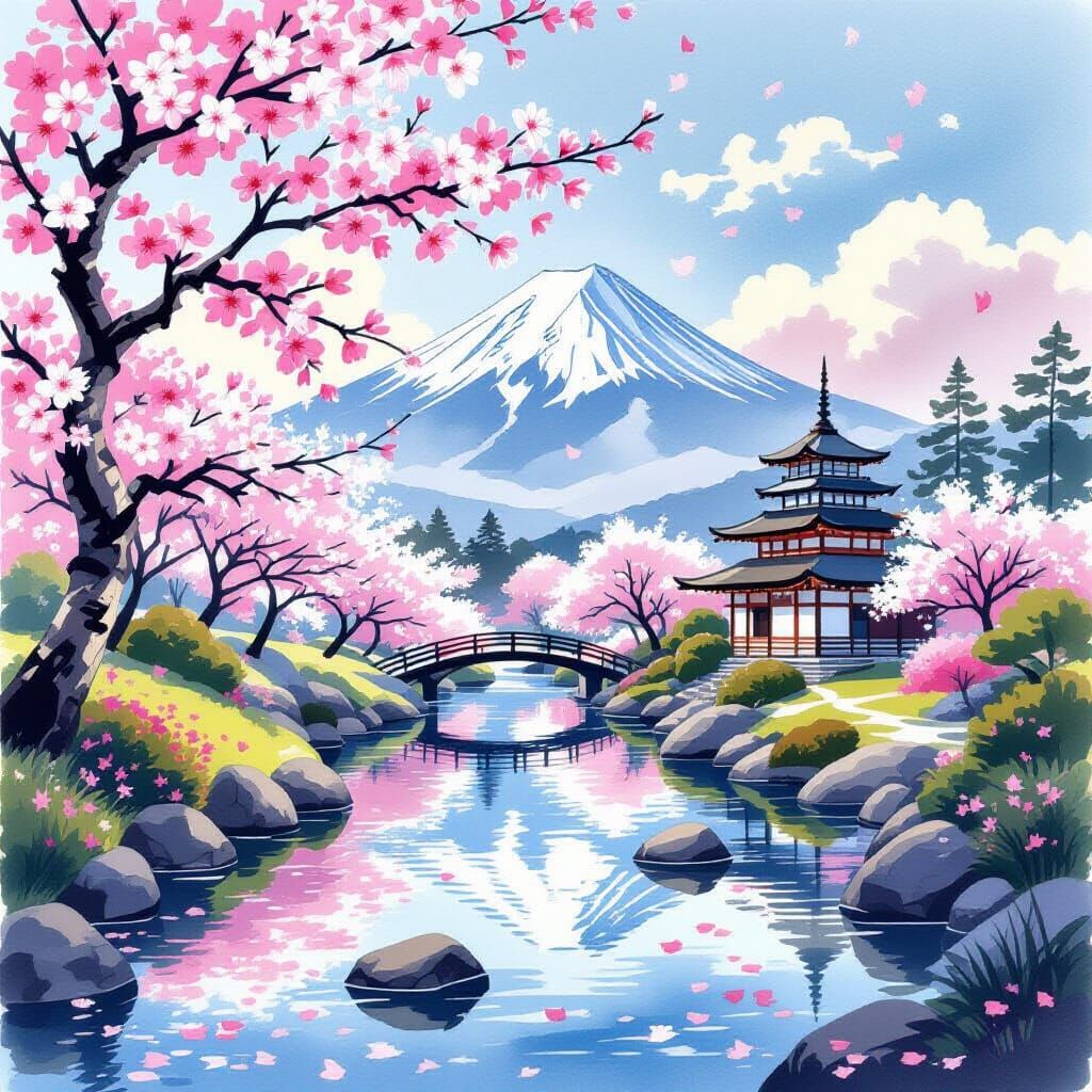 Peaceful Japanese Garden with Cherry Blossoms