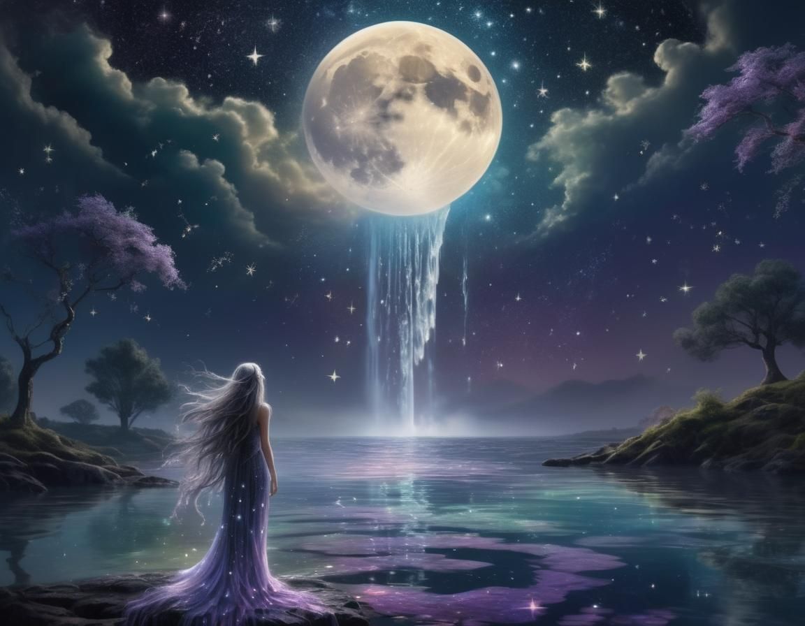 Moon Waterfall Dreamscape in Surreal Digital Painting