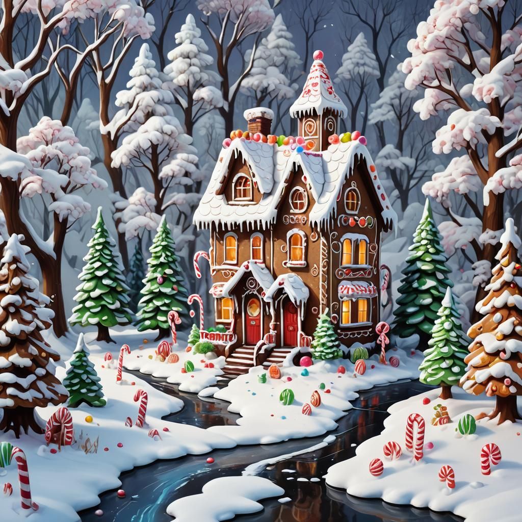 Colorful Gingerbread House in Winter Wonderland: Splash Art