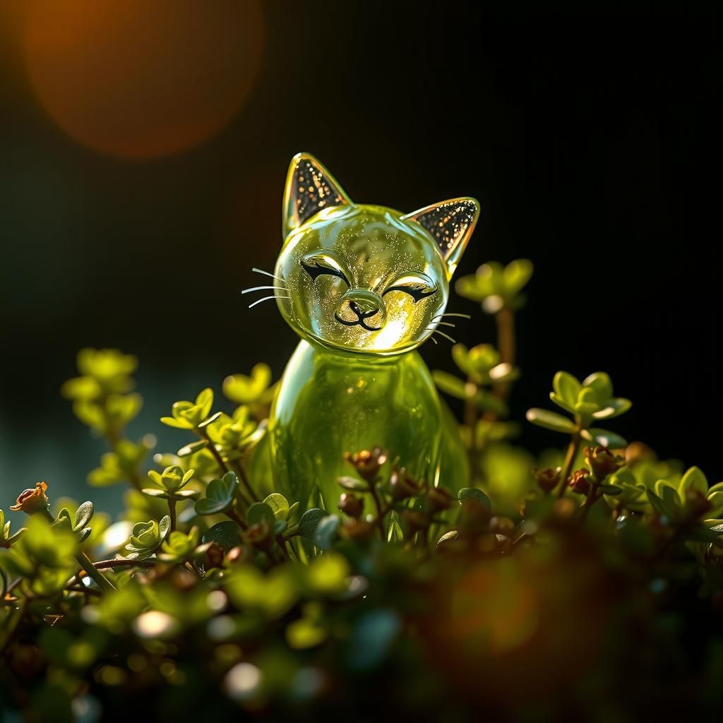 Glass Cat Sculpture Overflowing with Greenery