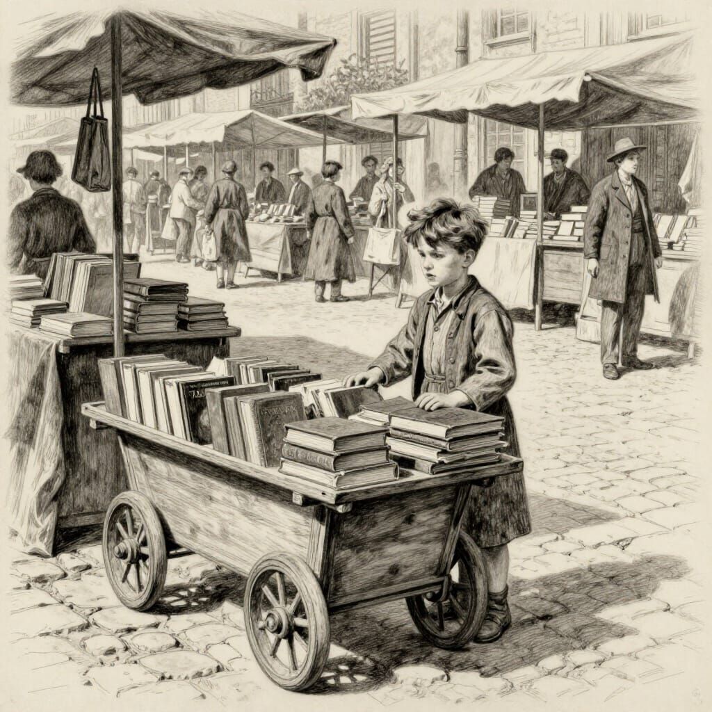 Boy Sells Books in Bustling 1920s Market Square