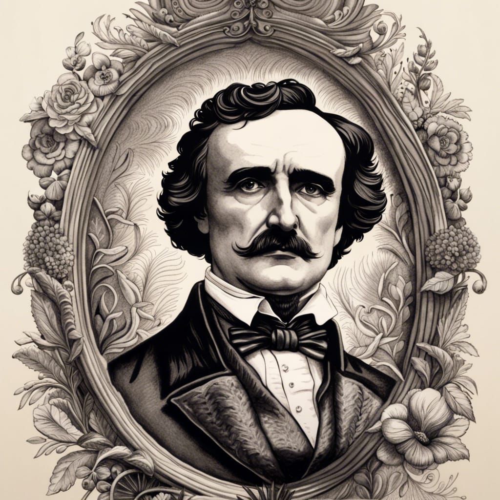 Intricate Ink Drawing: Bust of Edgar Allan Poe