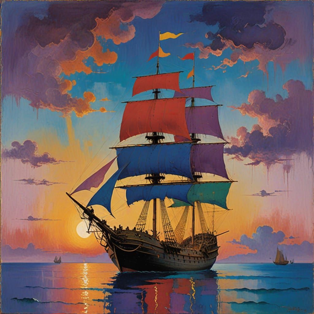 Mystical Pirate Ship Soars Through the Air in a Dreamlike Da...